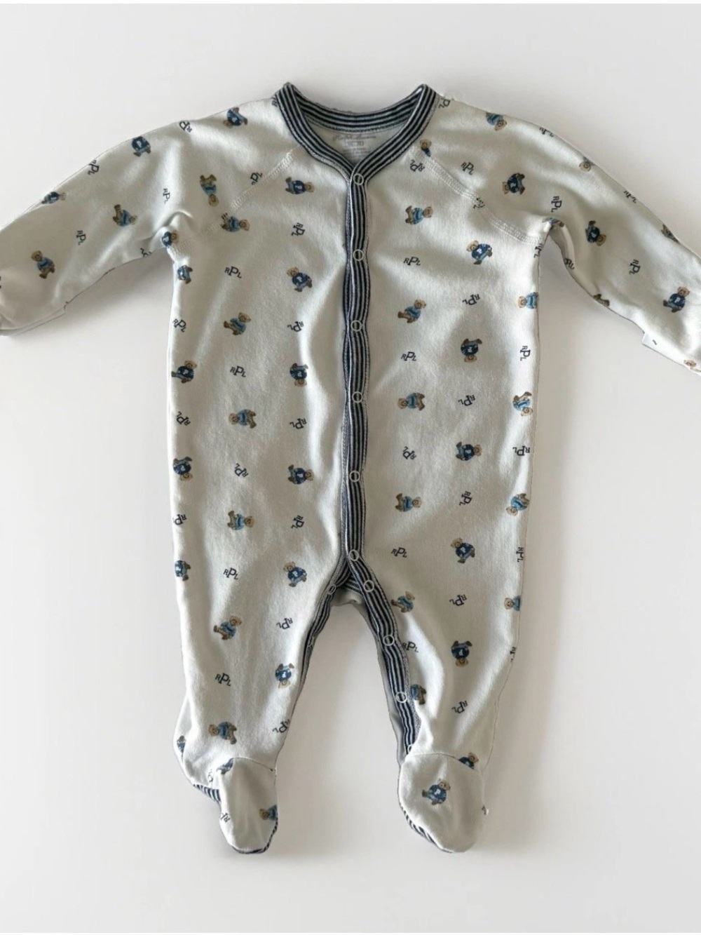 Ralph Lauren Baby Boy Polo Bear Cotton Footed Pajamas Blue/White OnePiece 3-6 Mo